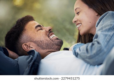 Couple are happy together, smile and relax outdoor, love and care with trust in relationship and commitment. Happiness, support and freedom with man and woman, romance and partnership with bonding