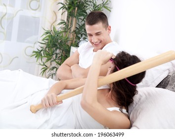 Couple Having Conflict At Home In Bed,funny Concept