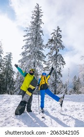 Couple Having Fun At Ski Resort Man With Snowboard Woman With Ski