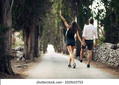 Couple Having A Walk In Nature.Making A Company.Stress Free,freedom Feeling.Happiness And Mindfulness.Serene Relationship.Soul Mates.Best Friends Hanging Out.Deep Conversation