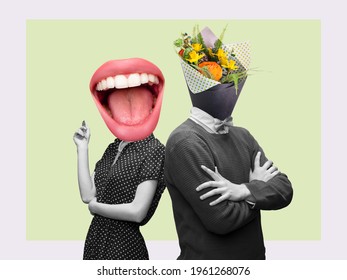 Couple headed with bouquet of spring flowers and big female mouth on pastel background. Copy space for ad, text. Modern design. Conceptual, contemporary bright artcollage. Summertime, surrealism. - Shutterstock ID 1961268076