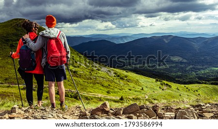 Similar – Image, Stock Photo Mountain panorama with hiking trails