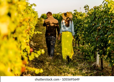 Couple Holding Hands At Sunset In A Winery Filed