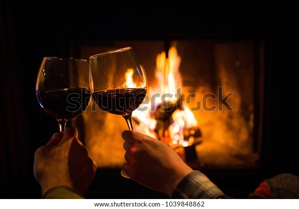 Couple Holding Pair Glasses Wine Fire Stock Photo Edit Now