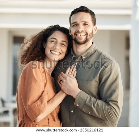 Couple, hug and happiness outdoor in portrait, love and care with bonding, support and trust in a marriage. Life partner, laughing together and holding hands, people at home with respect and romance