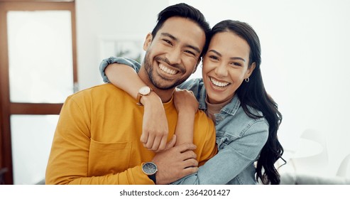 Couple, hug in portrait and relax in lounge with love, bonding and happy people together at home. Healthy relationship, trust and support in commitment, partner and marriage with romance and intimacy - Powered by Shutterstock