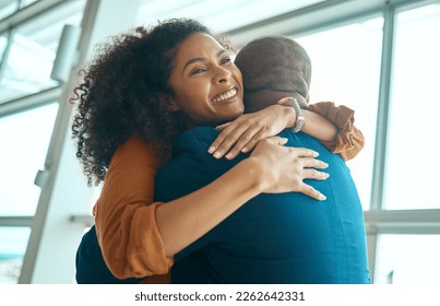 Couple hug, reunion at airport and travel with love, care and relationship, happy to see partner with black people. Hello, happiness and commitment, traveling and embrace, together and greeting - Powered by Shutterstock