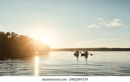 Couple, kayak and ocean with paddle in sunset for travel, hobby or outdoor holiday in water, lake or nature. Man and woman rowing boat in sunshine for canoeing, adventure or journey at sea on mockup - Powered by Shutterstock