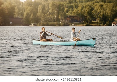 Couple, kayak and paddle on lake for holiday, travel and adventure for activity on river. Rowing, water sports and vacation in Germany, survival skill or bootcamp in nature for married people on boat - Powered by Shutterstock