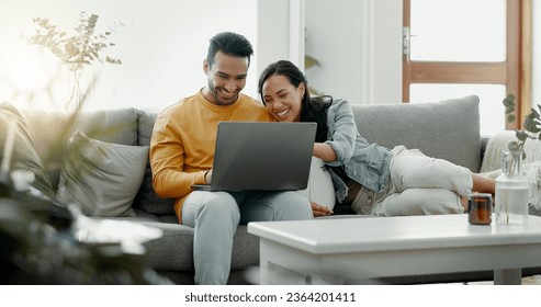 Couple, laptop and laugh on sofa in home for meme, watch movies and streaming funny multimedia. Happy man, woman and relax at computer in living room on social media, web subscription or comedy show - Shutterstock ID 2364201411