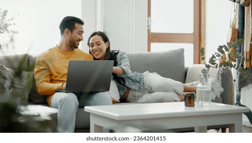 Couple, laptop and laugh on sofa in home for meme, watch movies and streaming funny multimedia. Happy man, woman and relax at computer in living room on social media, web subscription or comedy show - Shutterstock ID 2364201415