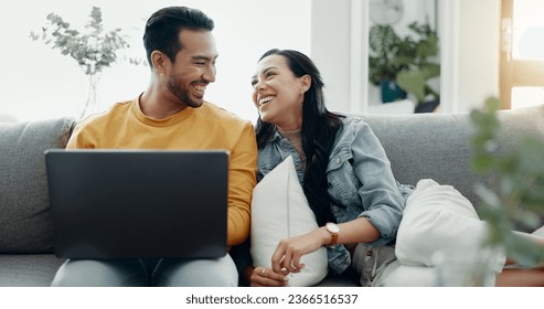 Couple, laptop and laugh on sofa in home for meme, watch movies and streaming funny multimedia. Happy man, woman and relax at computer in living room on social media, web subscription or comedy show - Shutterstock ID 2366516537