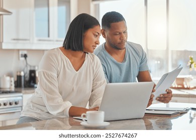 Couple, laptop or paper in home for planning, online banking or travel budget. Man, woman or document in kitchen with computer, invoice payment or loan application for property investment opportunity - Powered by Shutterstock