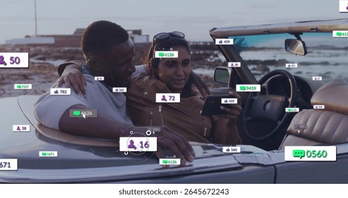Couple leaning, browsing smartphone in convertible at coastal overlook, with social media overlays. Romantic, adventure, outdoor, leisure, scenic, connection, exploration