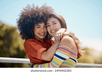 Couple, lesbian and hug in outdoor portrait, bonding and together for security in nature. Happy people, lgbtq and embrace for romance on balcony, support and trust in connection or love for partner - Powered by Shutterstock