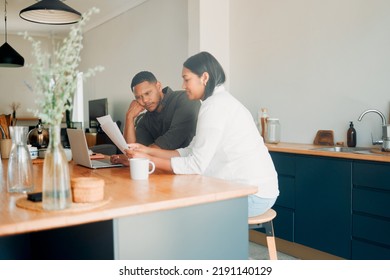 Couple Looking At Documents, Finances And Paperwork With Confused Expression For Their Overdue Budget, Credit Or House Expenses. Managing Household Spending, Saving And Account To Pay Money.