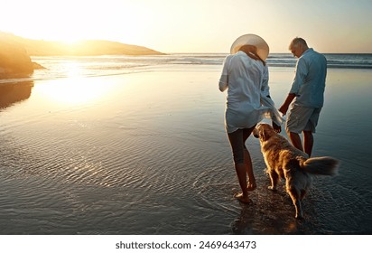 Couple, love and beach with dog at sunset for outdoor travel, summer vacation and holiday together. Woman, man and walking with furry pet by ocean water for peace, support and adventure in Sweden - Powered by Shutterstock