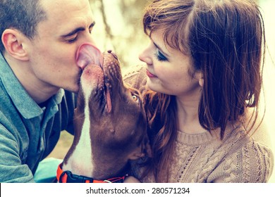 Couple In Love With Dog Nature Dog Licking Man