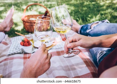 Couple In Love Drinks A White Wine On Summer Picnic