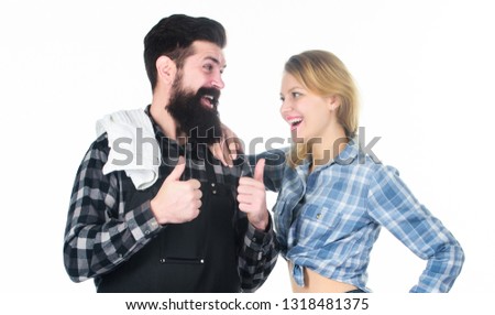 Couple in love getting ready for barbecue. Picnic and barbecue. Man bearded hipster and girl ready for barbecue white background. Family bbq ideas. Delicious grilled recipes. Backyard barbecue party.