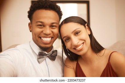 Couple Love, Happy To Take Selfie Before Date In Formal Fashion Excited For Party Or Dinner Together. African Man With Woman Smile In Evening Dress, Going To Work Event Or Celebration At Restaurant