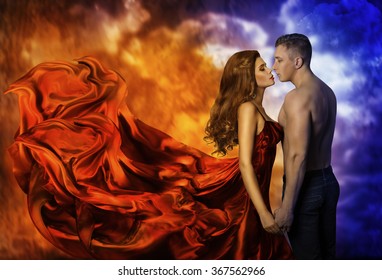 Couple In Love, Hot Fire Woman And Cold Man, Romantic Girl Kiss Lover