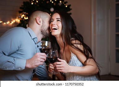 Couple In Love, Hugging And Enjoying In Red Wine, Celebrating 