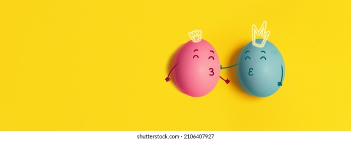Couple in love king eggs yellow horizontal background  Natural healthy organic food  Top view  flat lay  copy space  Valentines day background  Horizontal poster  flyer  greeting card