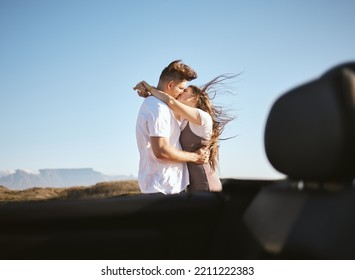 Couple, Love And Kiss On Nature Road Trip, Vacation Or Summer Holiday Outdoors In Canada. Romance, Affection And Happy Man, Woman And Hug Spending Quality Time Together, Bonding And Kissing By Car.