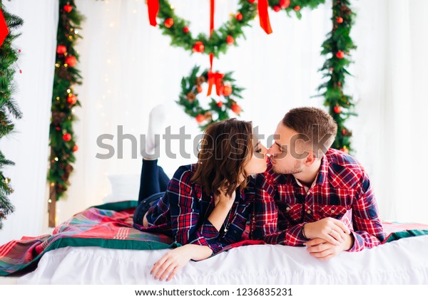 Couple Love Lays On Bed Kisses Stock Photo Edit Now 1236835231