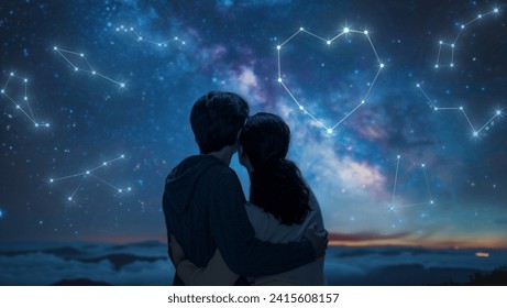 A couple in love looking at the starry sky. A fantasy constellation in the shape of a heart. - Powered by Shutterstock