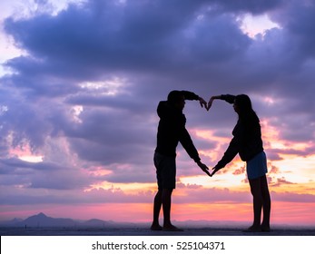 Silhouette Boy Holding Heart Shape Sunset Stock Photo 454258573 ...