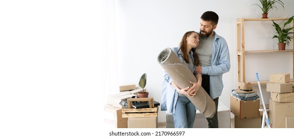 Couple In Love Moving In Together, Having Fun, Setting Up The New Apartment, Banner, Space For Text