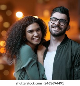 Couple, love and night with light in urban city, portrait and body for holiday or honeymoon. Smile, hug and affection for diversity with man and female person, married and travel to New York for date - Powered by Shutterstock