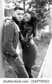 Couple In Love On Romantic Dating, Sensual Relationship And Desire Of Lovers, Young Man And Woman Having Fun Together Outdoors, Happy Family Life And Candid Lifestyle, Vertical Black White Image