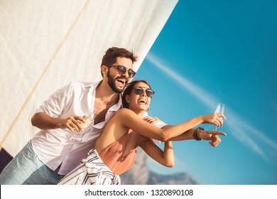 Couple In Love On A Sail Boat In The Summer, Having Fun.