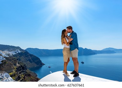 Couple In Love On Santorini Island, Greece