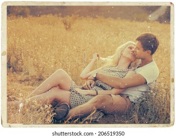 Couple In Love On Vintage Post Cards In Summer Time Together