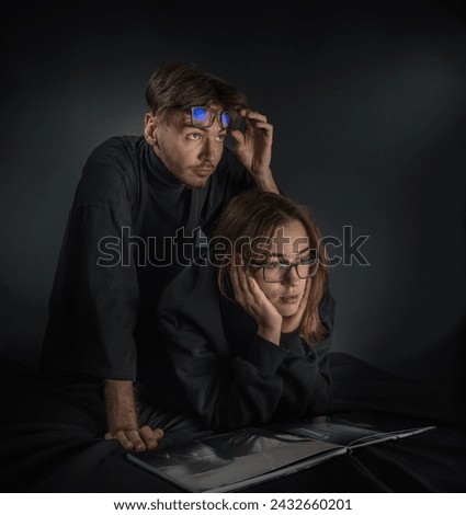 Similar – Image, Stock Photo funny twin sisters make a selfie with the smartphone