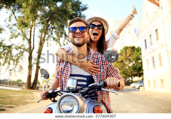 Couple Love Riding Motorbike Handsome Guy Stock Photo (Edit Now) 377604307