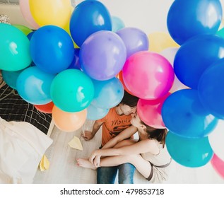 Couple In Love In The Room Full Of The Balloons