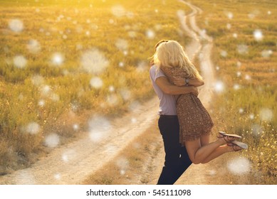 Couple In Love  In Summer Time Together Happy Outdoors Winter Concept Snowflakes 