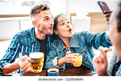 Couple In Love Taking Selfie At Brewery On Brunch Time - Young Happy Friends Enjoying Cool Fun Moments At Restaurant Bar Patio - Life Style Concept With Focus On Indian Woman And Bright Vivid Filter