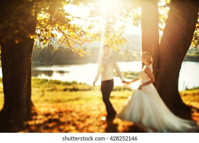 Couple In Love Walking Near Lake