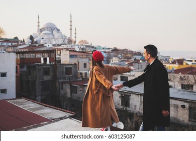 Couple In Love Walking On The Roof Of Grand Bazaar In Old City Istanbul