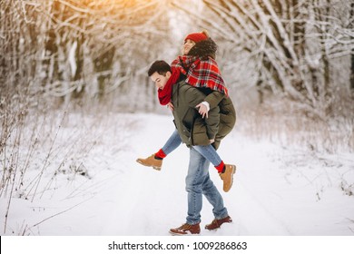 Couple in love in a winter park