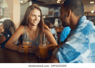 Couple, lunch date and happy in restaurant together, relationship and bonding with healthy drinks in cafe. Commitment, love and conversation on weekend break, trust and loyalty with people or relax - Powered by Shutterstock