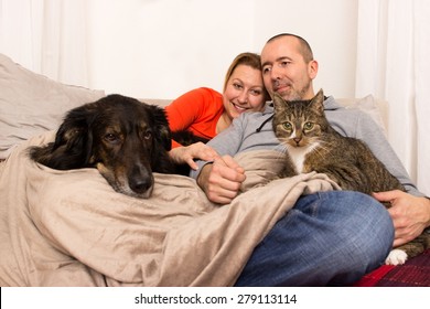 A couple lying with her dog and her cat on the sofa