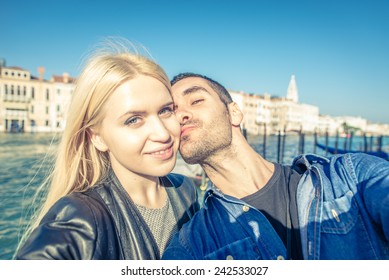 Couple Making A Selfie In Venice. Pov View. Concept About Couple And Travel