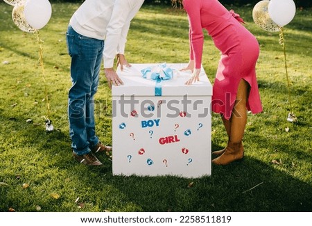 Couple of man and pregnant woman holding a box with pink or blue balloons at a gender reveal party.